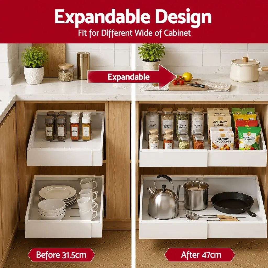 Pull Out Cabinet Drawers Organizer for Bathroom Kitchen Laundry 2 Pack White Modern Storage