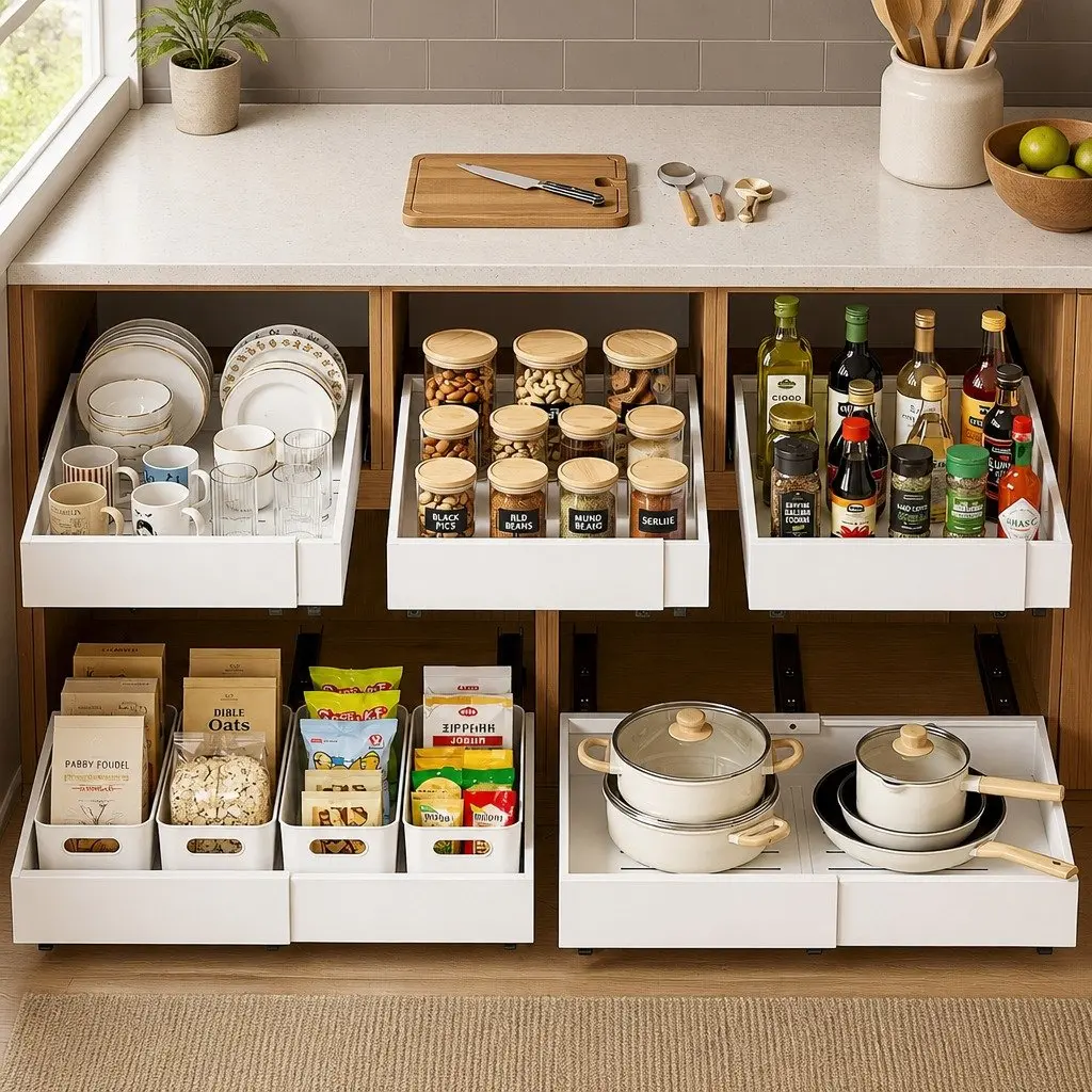 Pull Out Cabinet Drawers Organizer for Bathroom Kitchen Laundry 2 Pack White Modern Storage