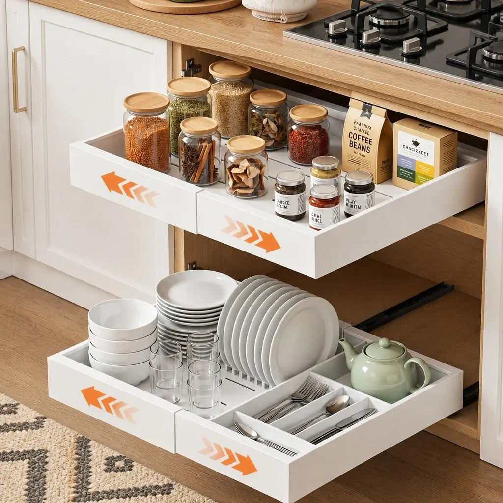 Pull Out Cabinet Drawers Organizer for Bathroom Kitchen Laundry 2 Pack White Modern Storage