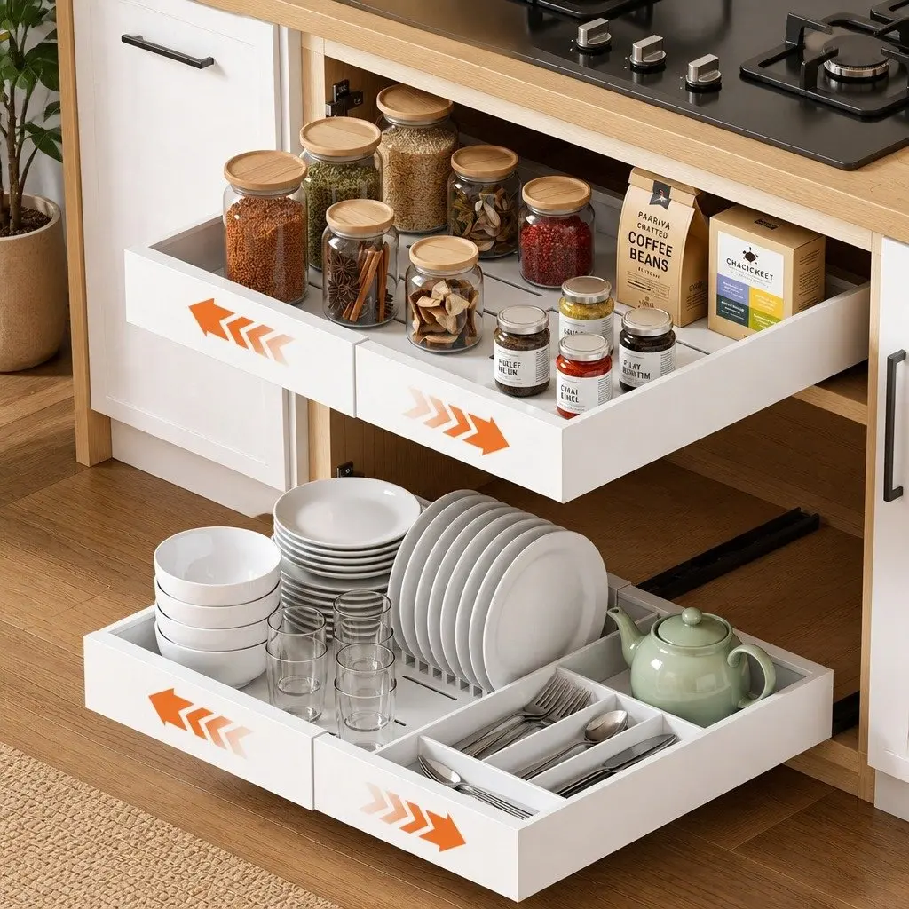 Pull Out Cabinet Drawers Organizer for Bathroom Kitchen Laundry 2 Pack White Modern Storage