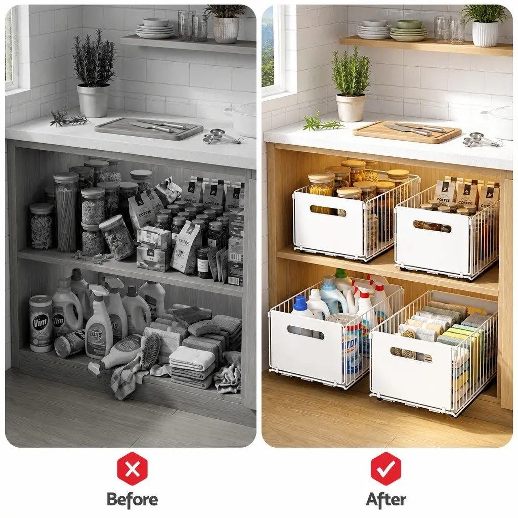 4 Pack Pull Out Drawers for Cabinets Foldable Slide Out Kitchen Organizer White