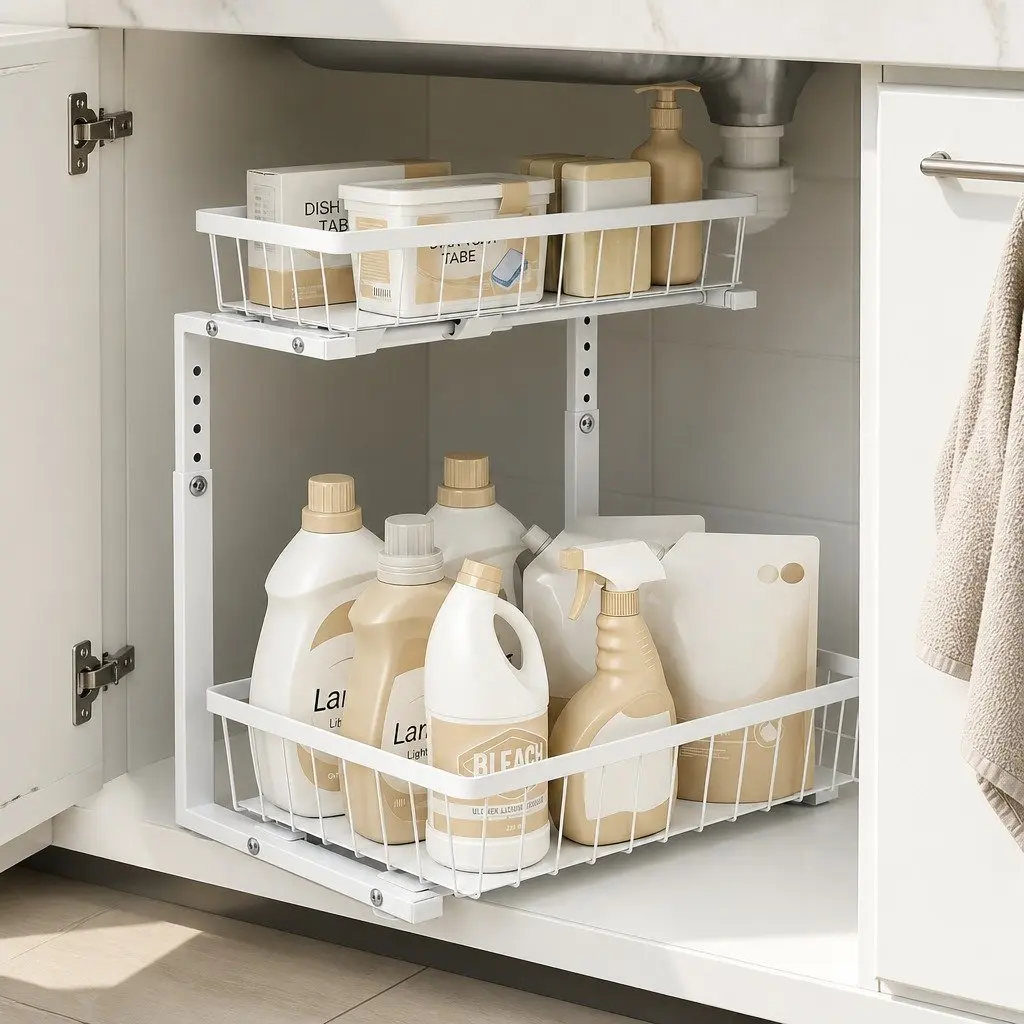 Under Sink Organizer Storage Cabinet with 2 Slide Out Drawers Adjustable Height