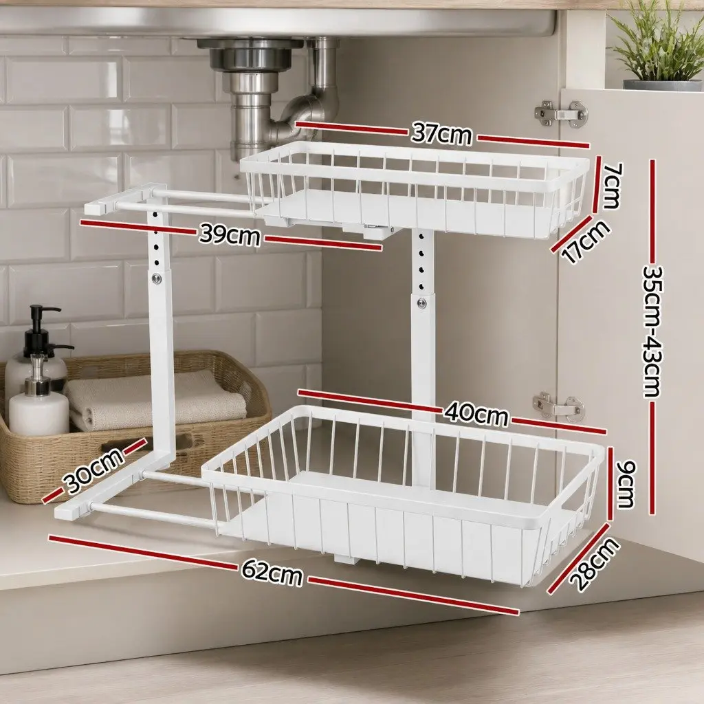 Under Sink Organizer Storage Cabinet for Kitchen 62 cm Width 30 cm Depth 35 to 43 cm Height