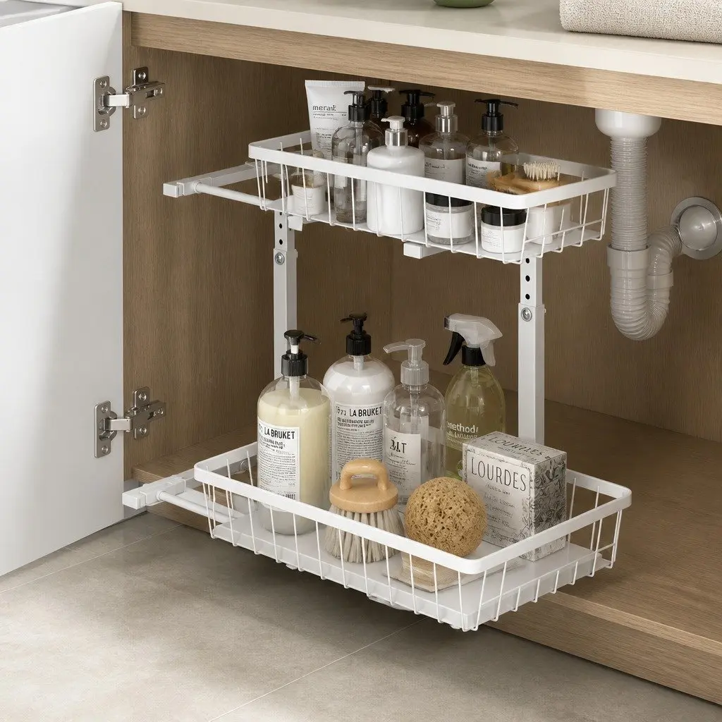 Under Sink Organizer Storage Cabinet for Kitchen 62 cm Width 30 cm Depth 35 to 43 cm Height