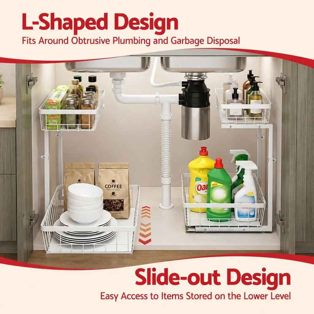 Under Sink Organizer Storage Cabinet for Kitchen 62 cm Width 30 cm Depth 35 to 43 cm Height