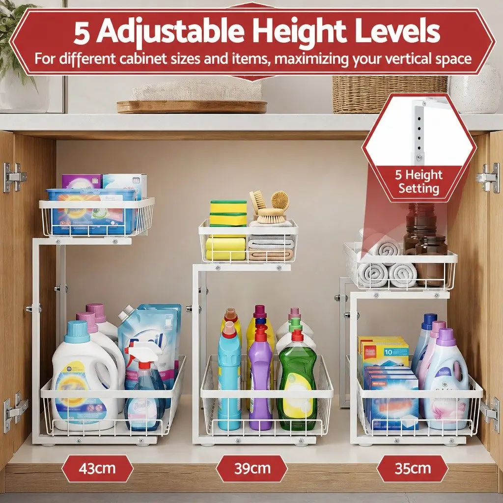 Under Sink Organizer Storage Cabinet for Kitchen 62 cm Width 30 cm Depth 35 to 43 cm Height