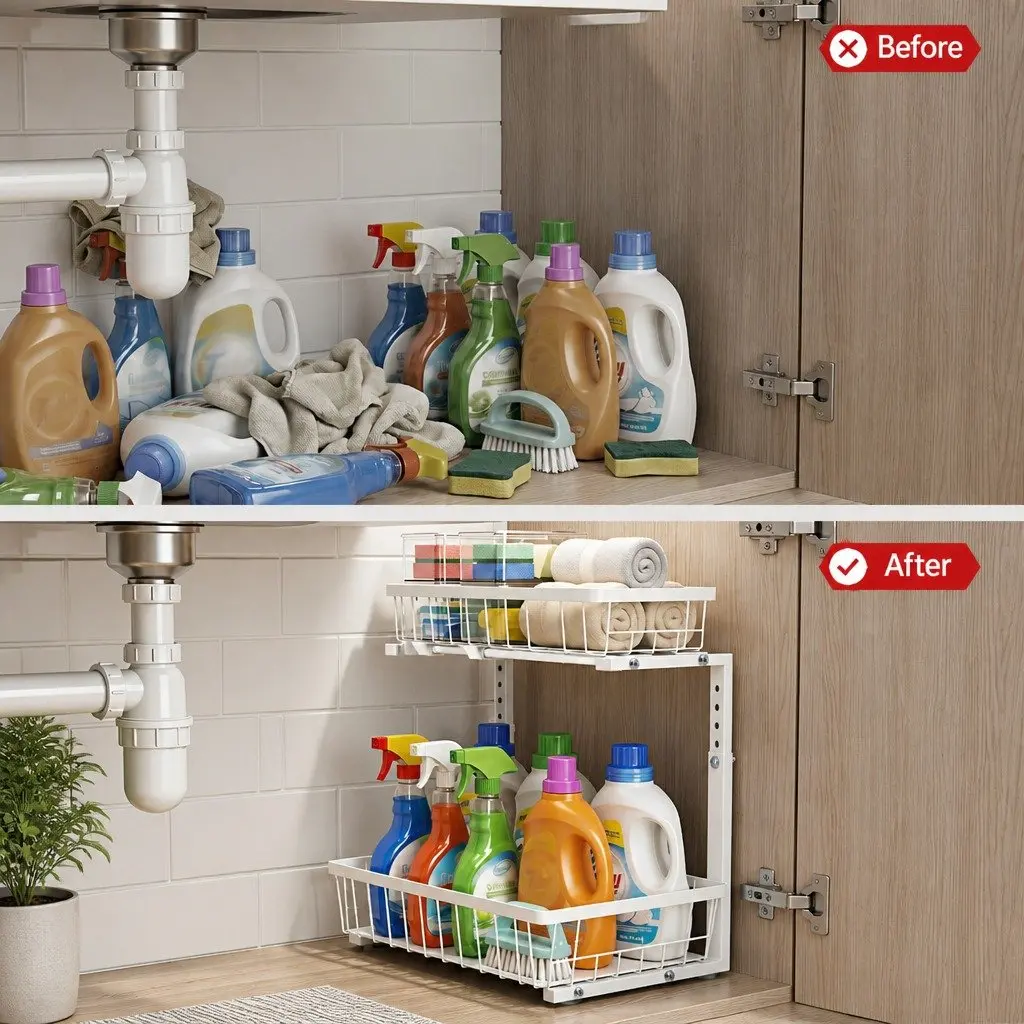 Under Sink Organizer Storage Cabinet for Kitchen 62 cm Width 30 cm Depth 35 to 43 cm Height