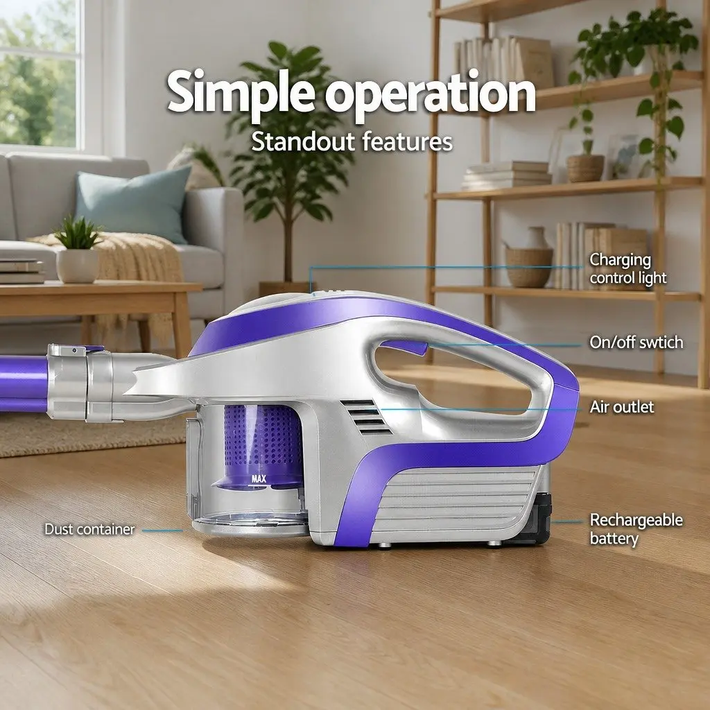 Stick Vacuum Cleaner Cordless Handheld Lightweight for Home Use Purple Grey