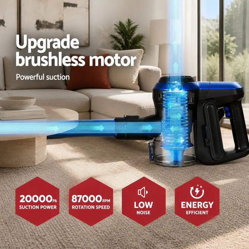 Stick Vacuum Cleaner Cordless Handheld for Home Cleaning Blue 250W HEPA Filter