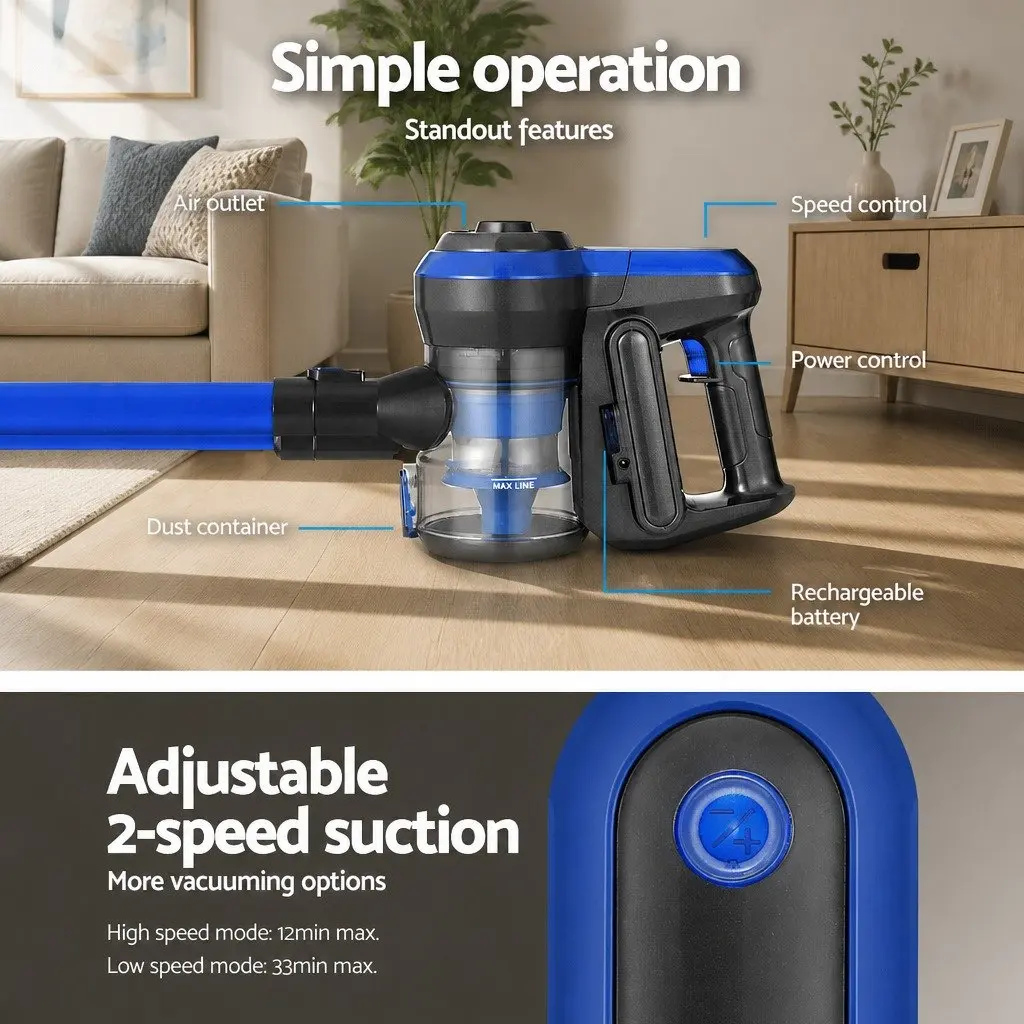 Stick Vacuum Cleaner Cordless Handheld for Home Cleaning Blue 250W HEPA Filter