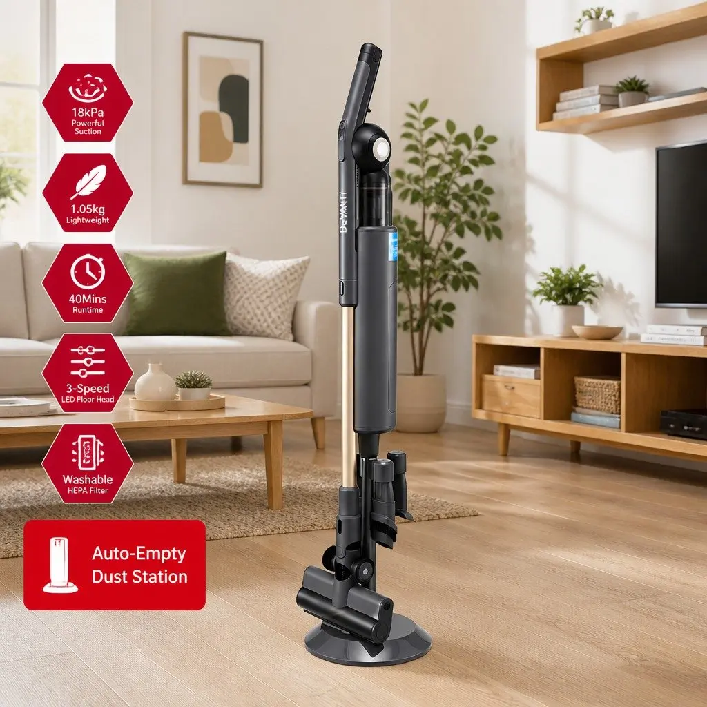 Cordless Stick Vacuum Cleaner for Home 40 Minutes Runtime with Auto-Empty Dust Station and LED Motorized Brush Head
