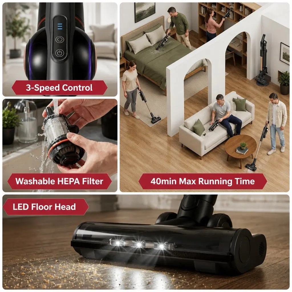 Cordless Stick Vacuum Cleaner for Home 40 Minutes Runtime with Auto-Empty Dust Station and LED Motorized Brush Head