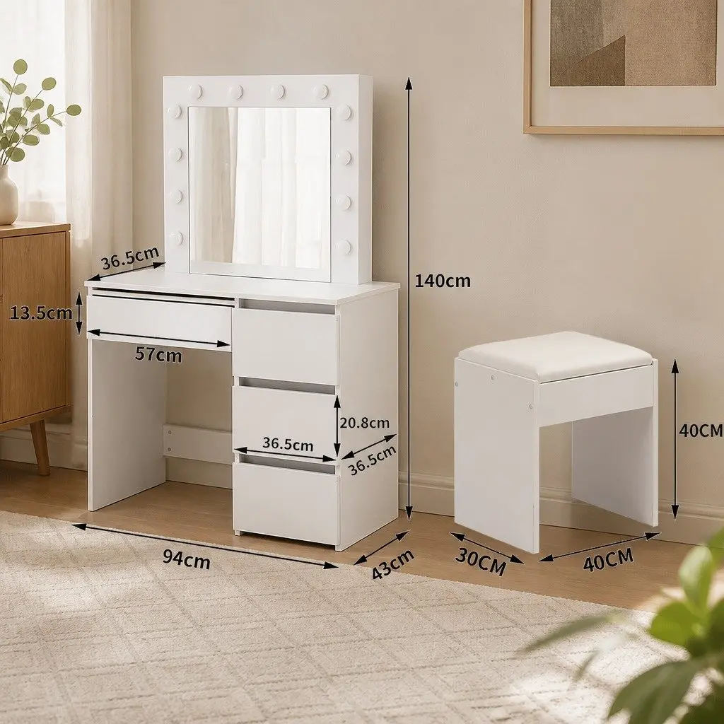Dressing Table Vanity Set with LED Mirror Stool Makeup Storage Bedroom Furniture