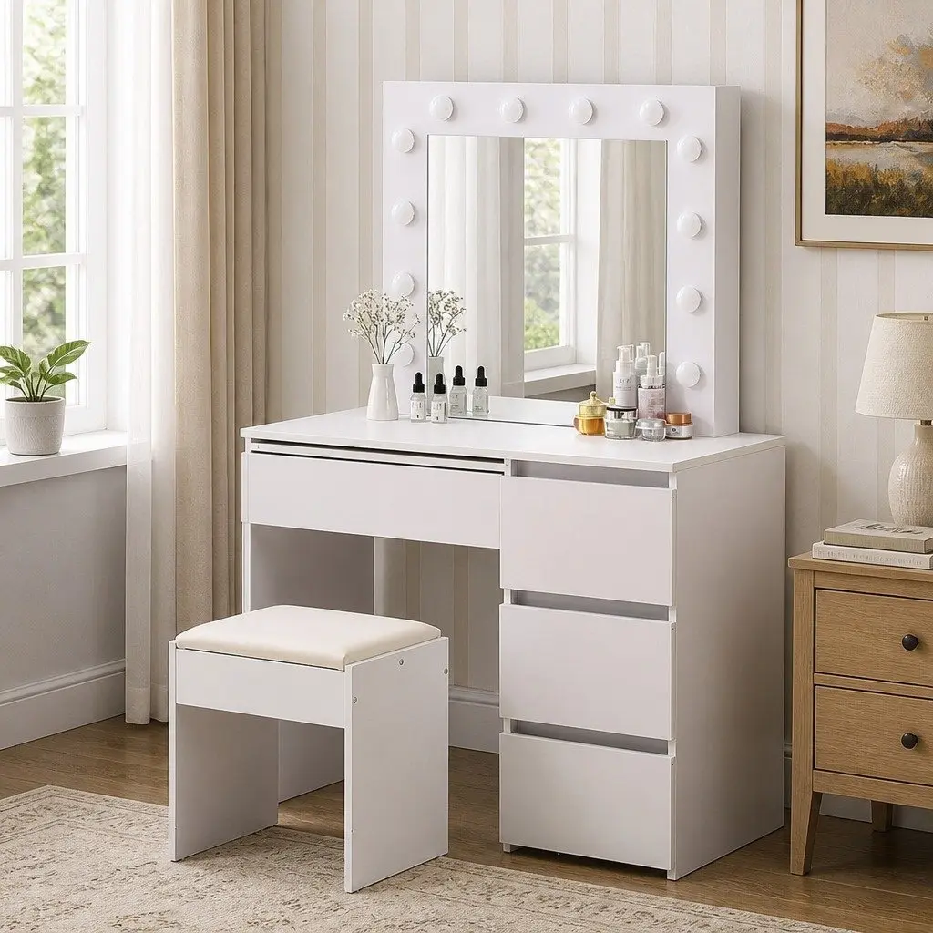 Dressing Table Vanity Set with LED Mirror Stool Makeup Storage Bedroom Furniture