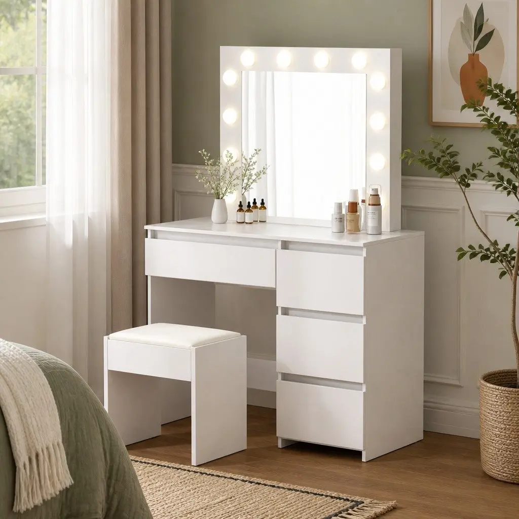 Dressing Table Vanity Set with LED Mirror Stool Makeup Storage Bedroom Furniture