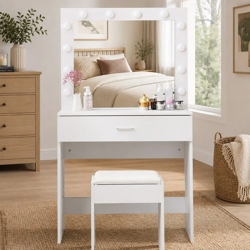 Dressing Table Set with LED Mirror Makeup Vanity Stool Storage Drawers
