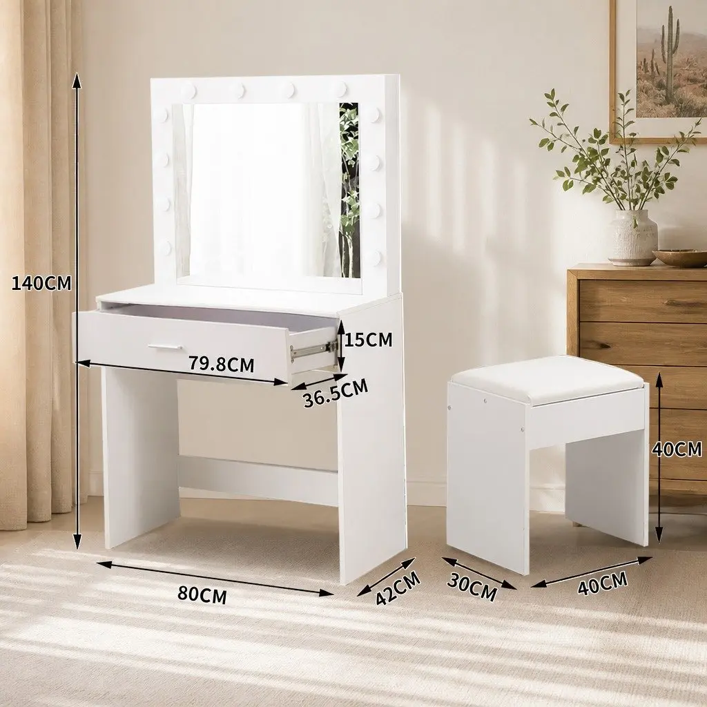 Dressing Table Set with LED Mirror Makeup Vanity Stool Storage Drawers
