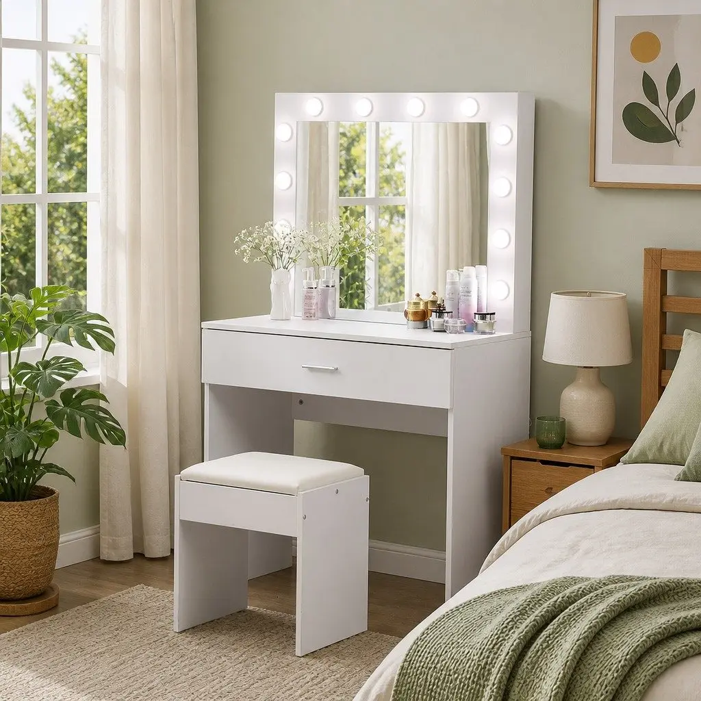 Dressing Table Set with LED Mirror Makeup Vanity Stool Storage Drawers