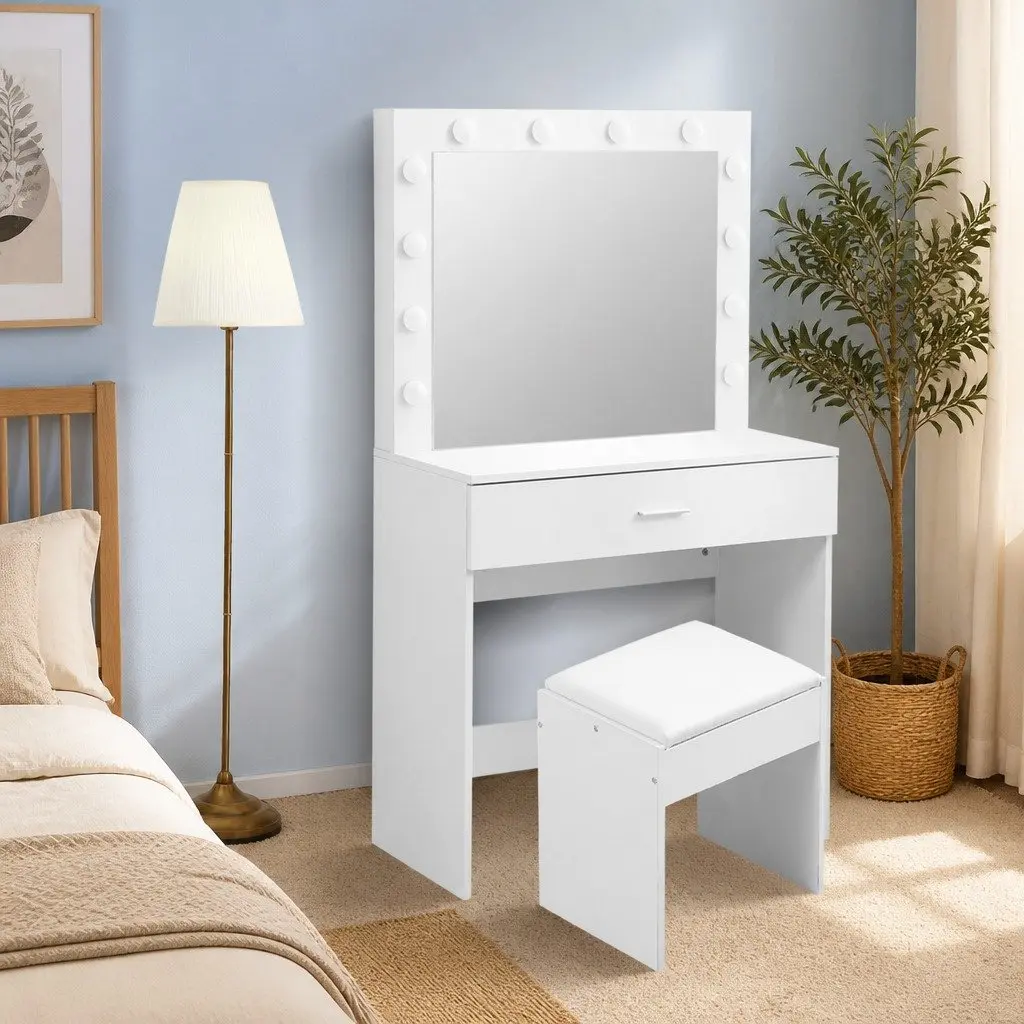 Dressing Table Set with LED Mirror Makeup Vanity Stool Storage Drawers