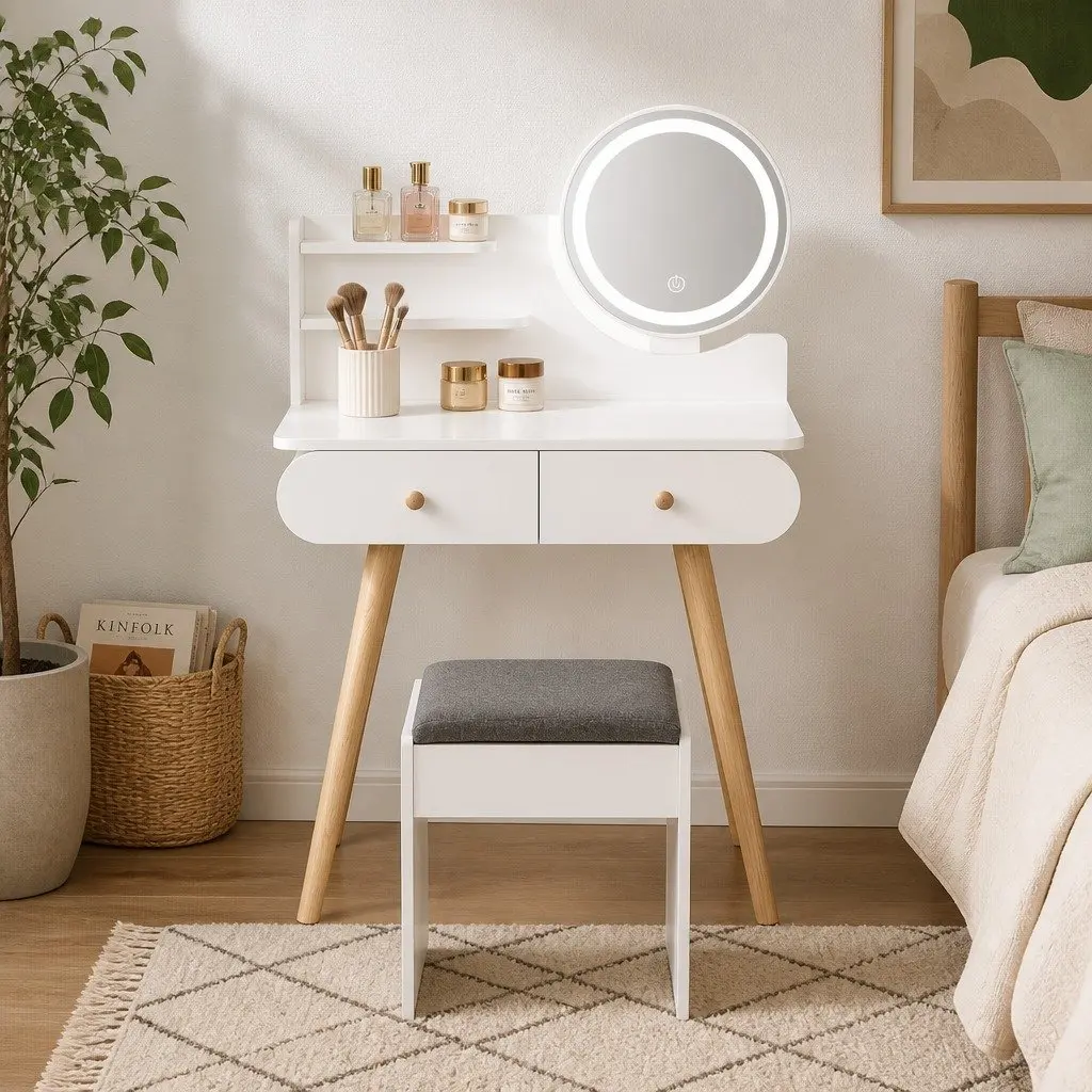 Dressing Table with LED Mirror Stool Vanity Makeup Desk 2 Drawers Shelves White