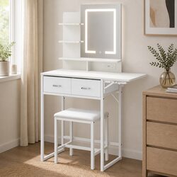 Dressing Table with LED Mirror, Foldable Panel & Stool