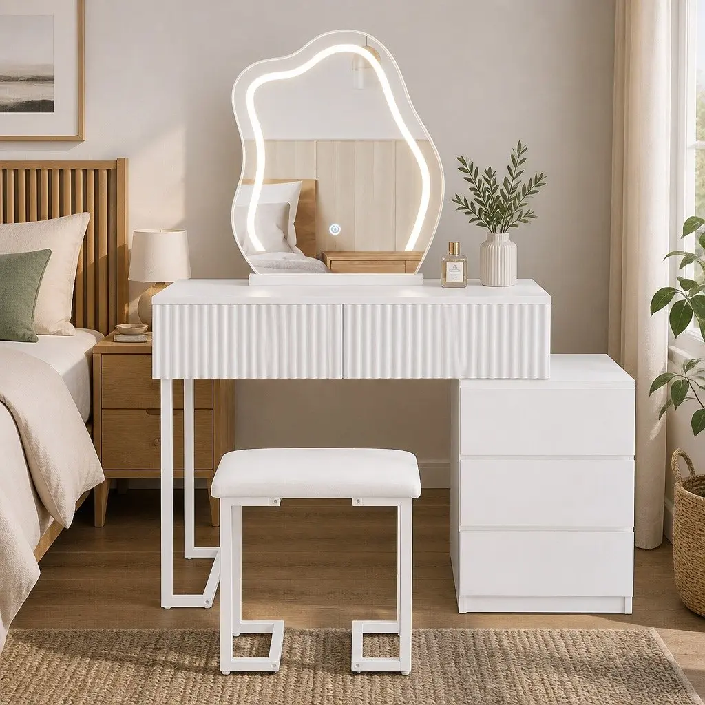Dressing Table Set with LED Mirror and Stool for Bedroom Storage 80cm x 40cm x 131cm