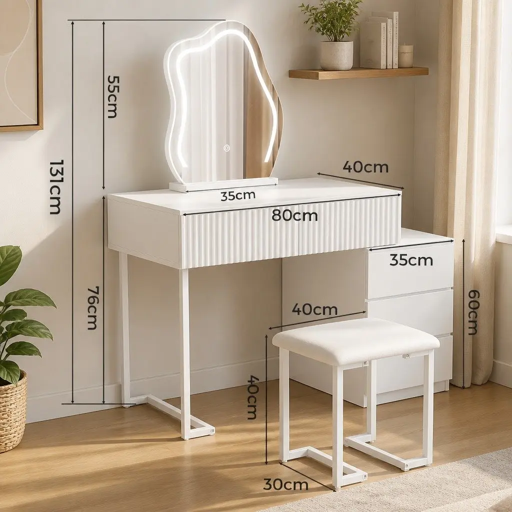 Dressing Table Set with LED Mirror and Stool for Bedroom Storage 80cm x 40cm x 131cm