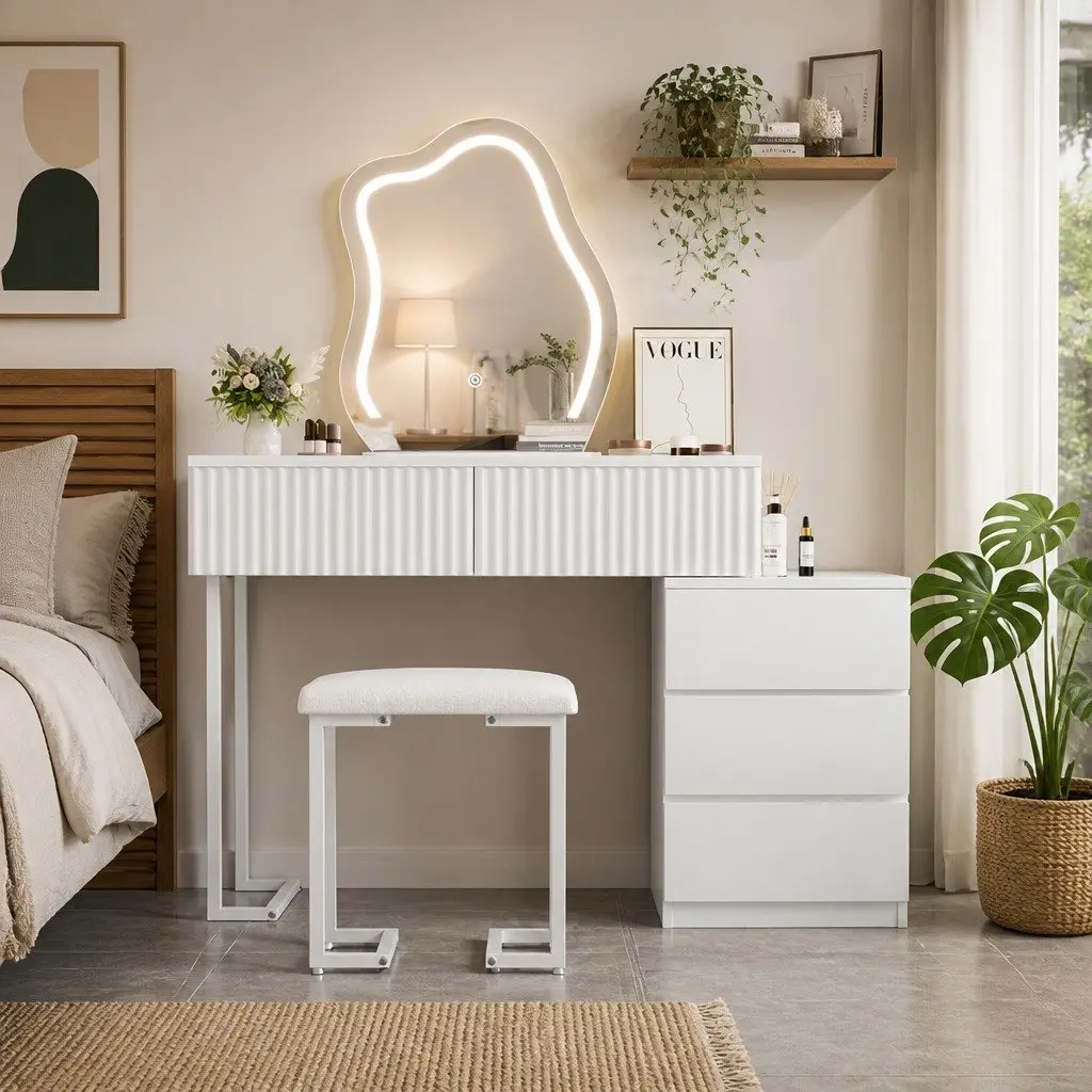Dressing Table Set with LED Mirror and Stool for Bedroom Storage 80cm x 40cm x 131cm