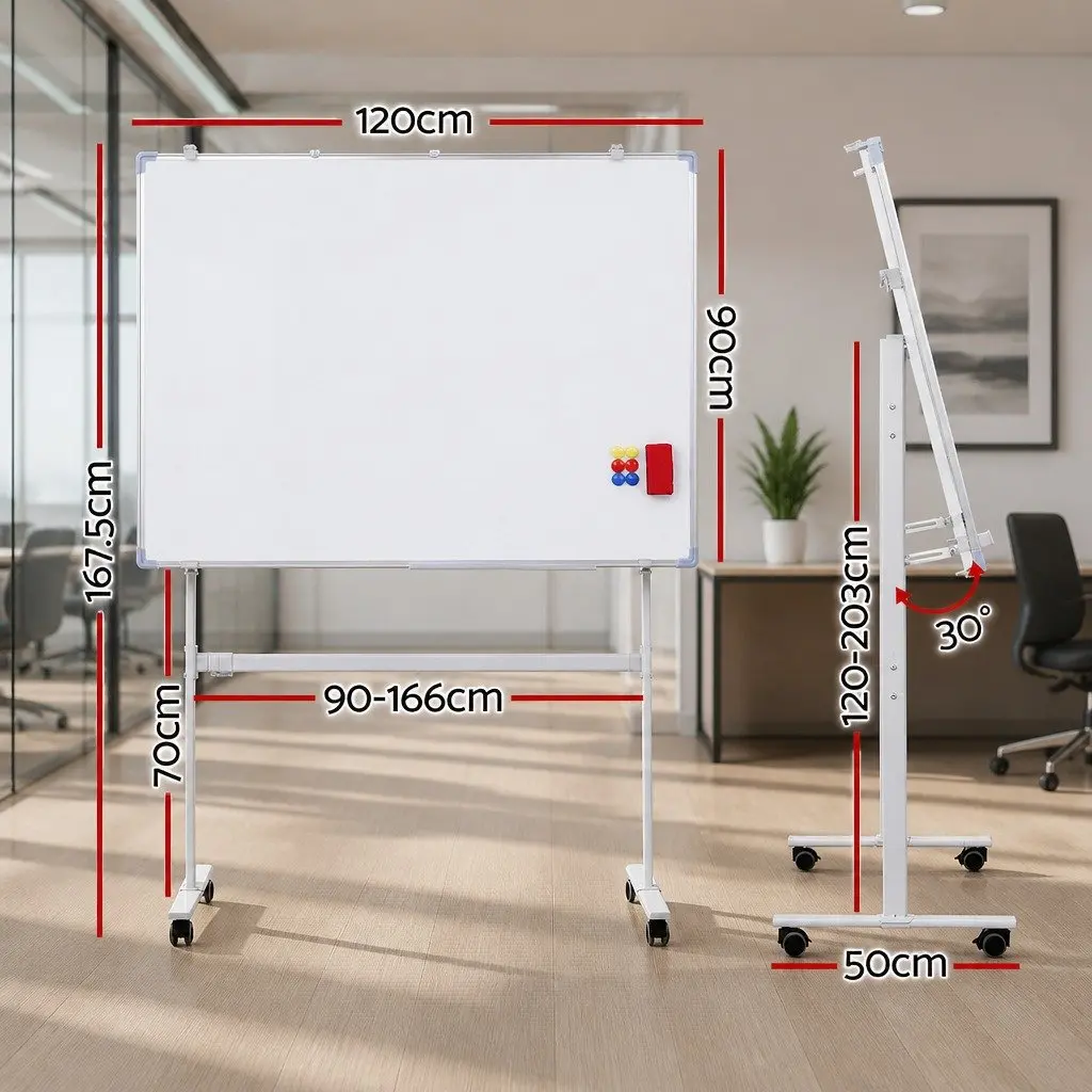 90x120cm Double-Sided Magnetic Whiteboard with Lockable Wheels Yellow Erase