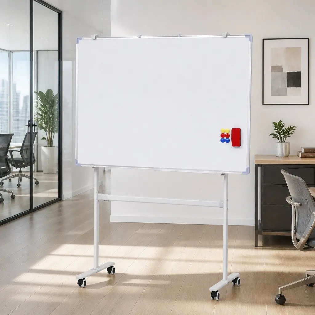 90x120cm Double-Sided Magnetic Whiteboard with Lockable Wheels Yellow Erase