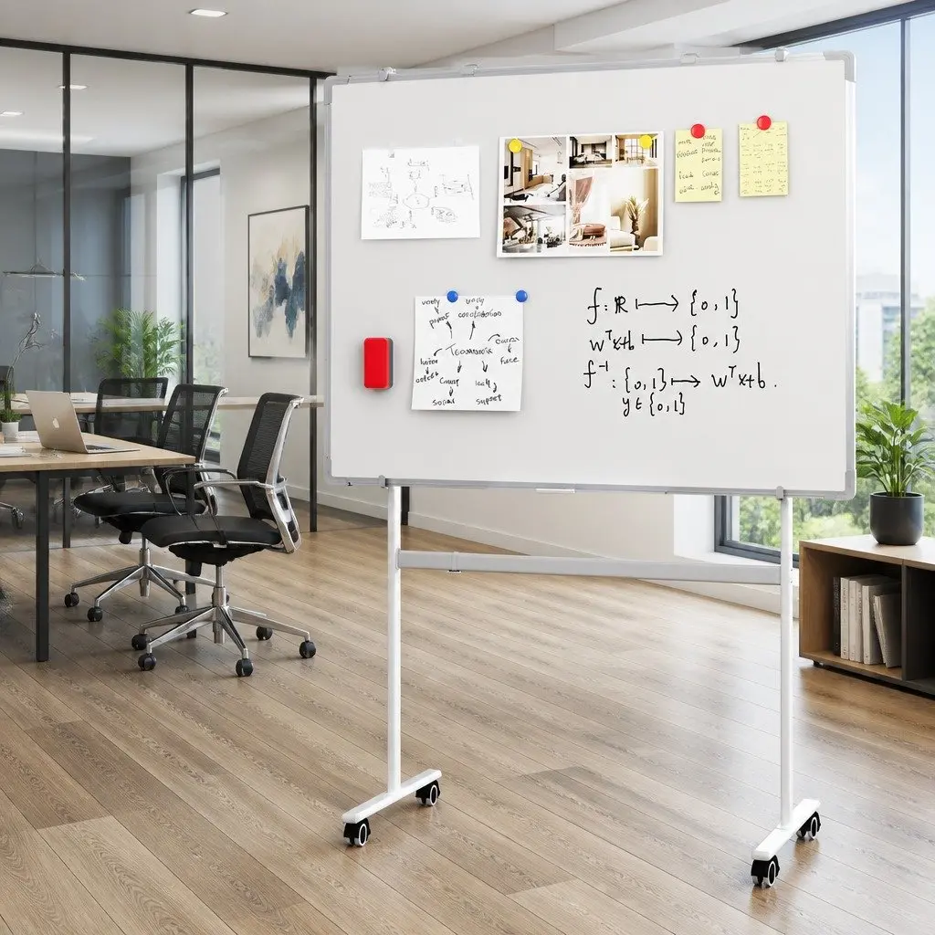 90x120cm Double-Sided Magnetic Whiteboard with Lockable Wheels Yellow Erase