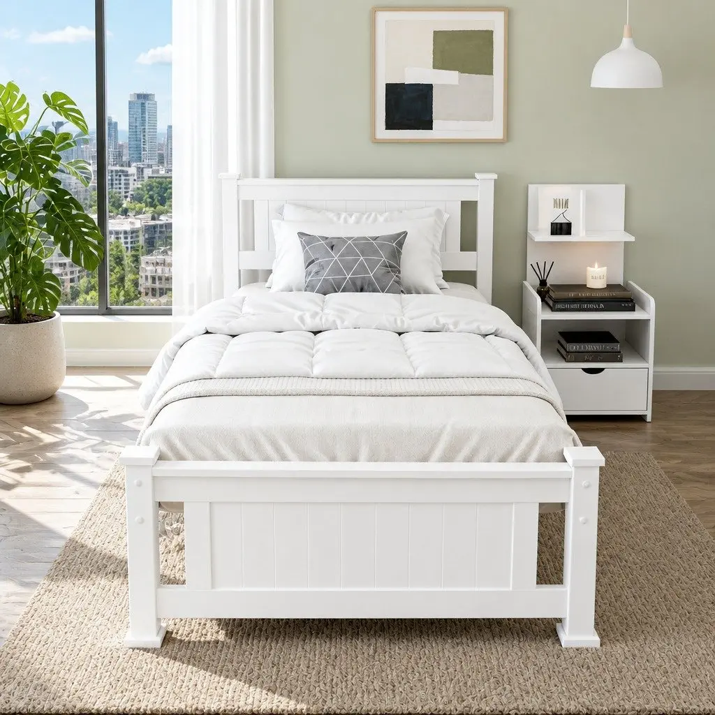 King Single Bed Frame with Bedside Table Storage Drawer Shelf White Bedroom Set
