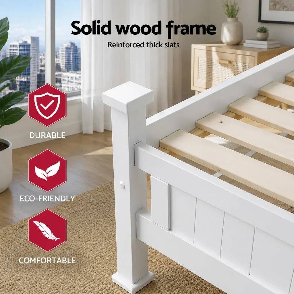 King Single Bed Frame with Bedside Table Storage Drawer Shelf White Bedroom Set