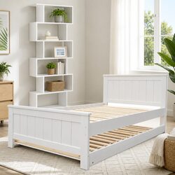 King Single Bed Frame with Pull-Out Trundle and 6-Tier Display Shelf White