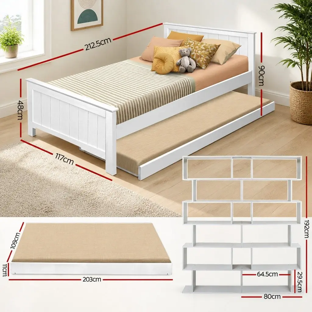 King Single Bed Frame with Trundle and Shelf
