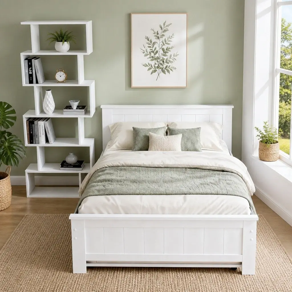 King Single Bed Frame with Trundle and Shelf