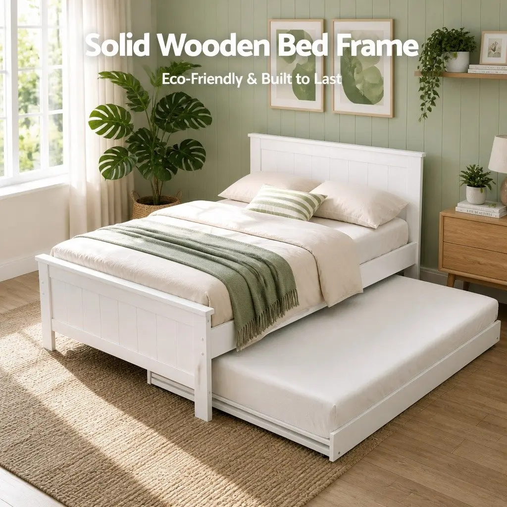 King Single Bed Frame with Trundle and Shelf