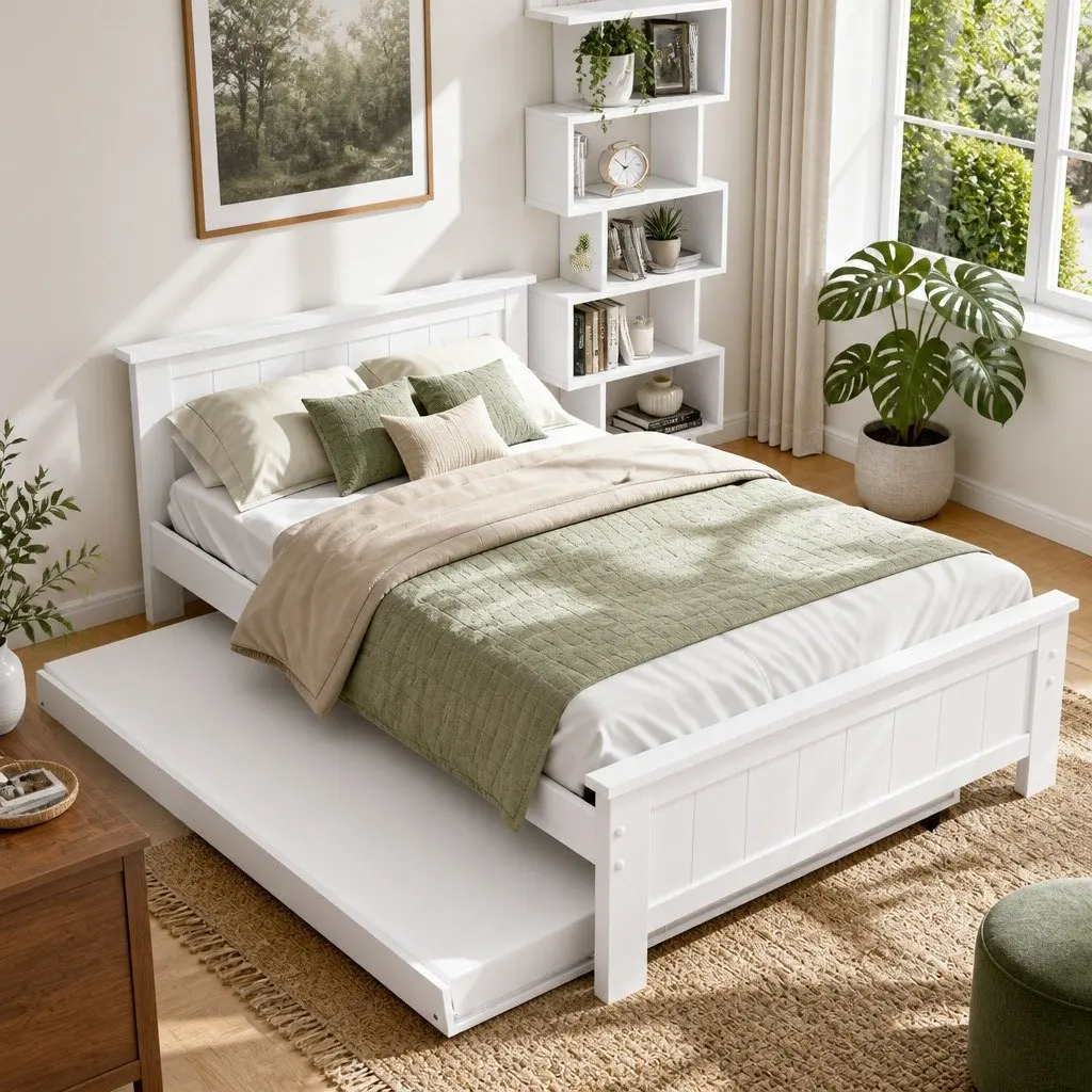 King Single Bed Frame with Trundle and Shelf