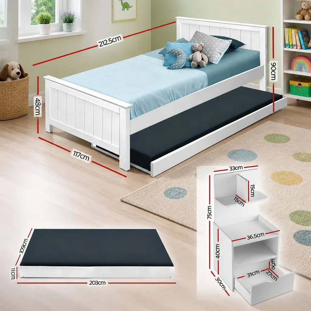 King Single Bed Frame with Trundle and Bedside Table Storage White