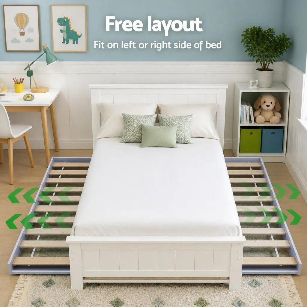King Single Bed Frame with Trundle and Bedside Table Storage White
