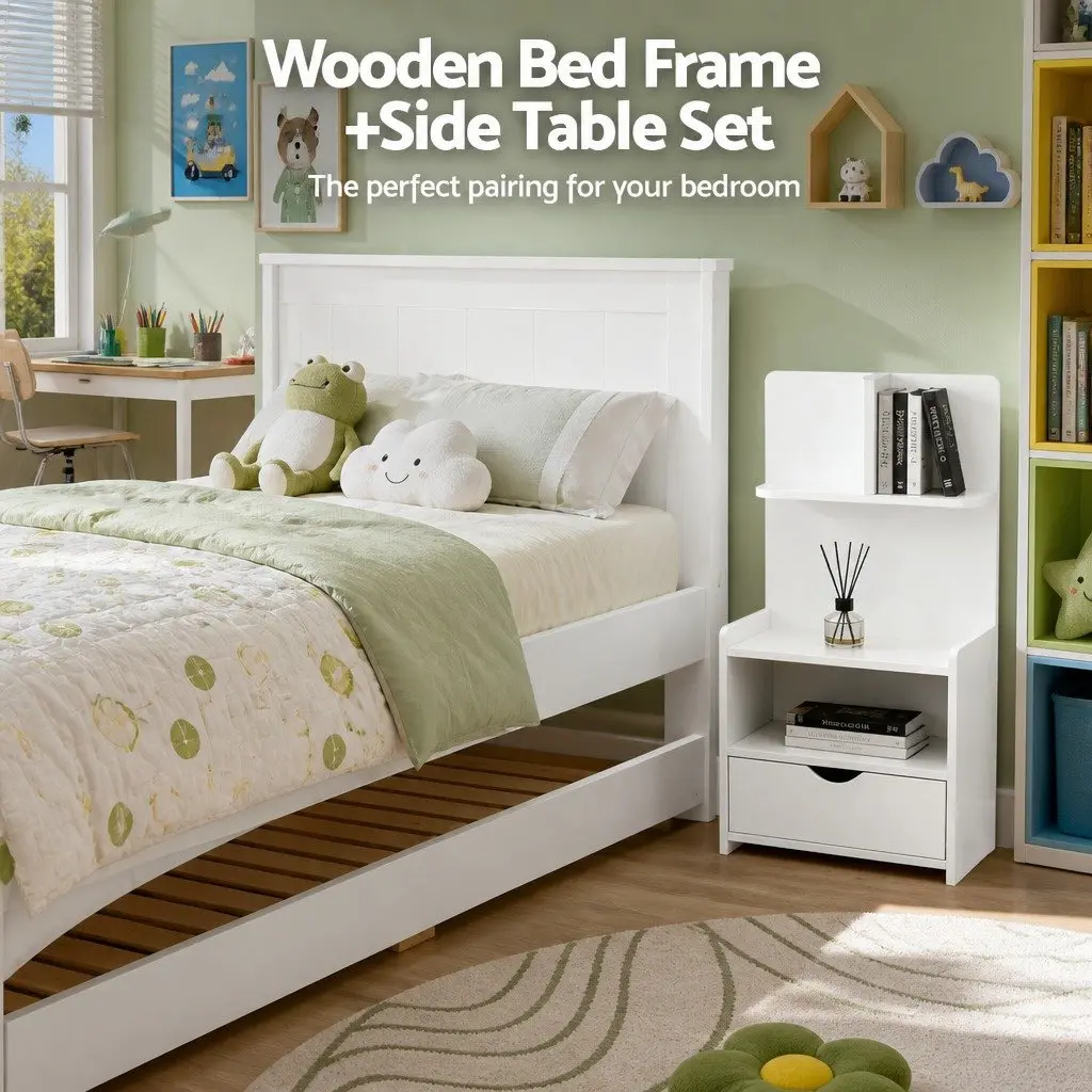 King Single Bed Frame with Trundle and Bedside Table Storage White