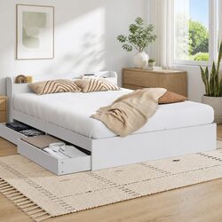 Queen Bed Frame Specs: USB Ports, White, Storage Drawers
