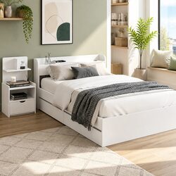 Single Bed Frame with Charging Ports Bedside Table Storage Drawers White