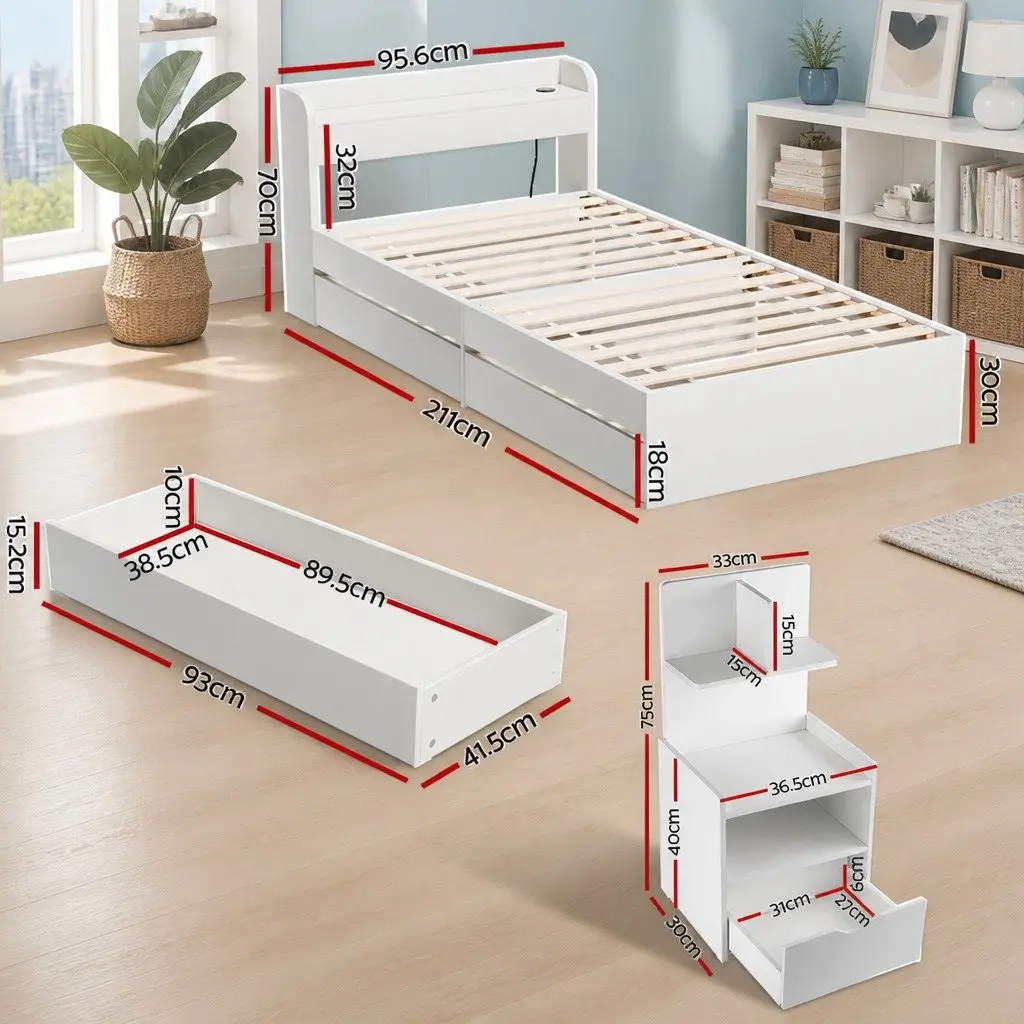 Single Bed Frame with Charging Ports & Table