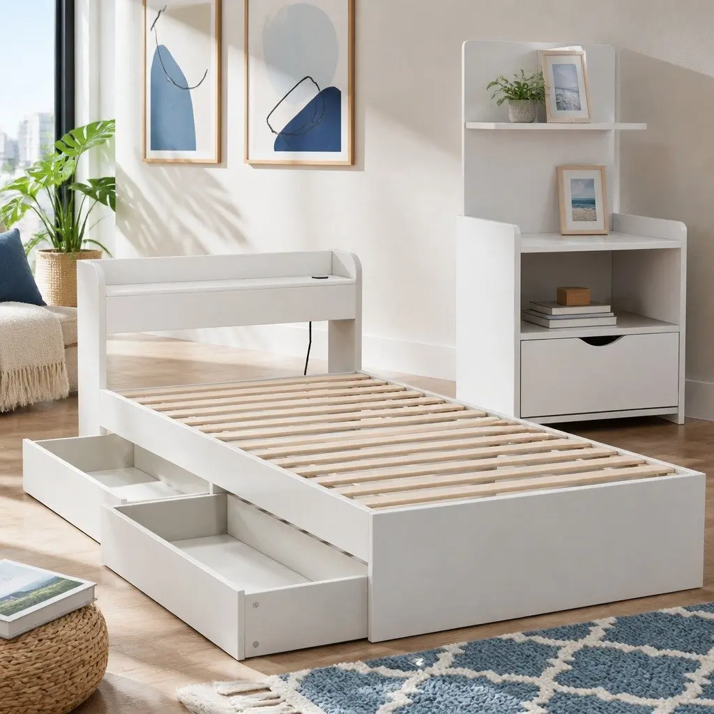 Single Bed Frame with Charging Ports & Table