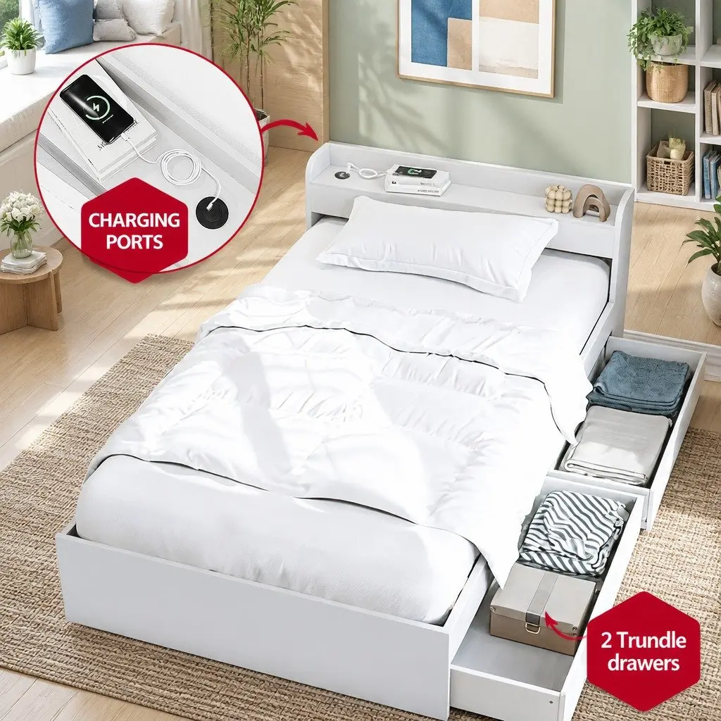 Single Bed Frame with Charging Ports & Table