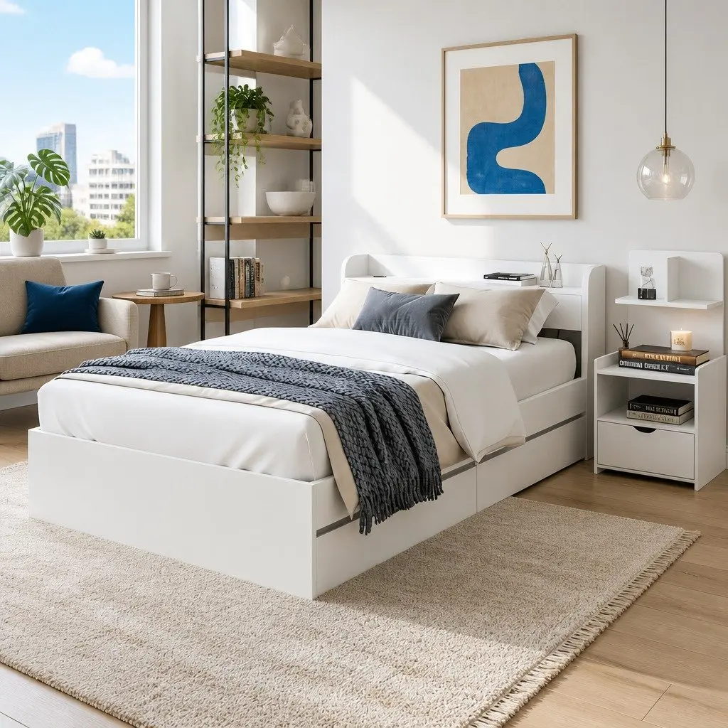 Single Bed Frame with Charging Ports & Table