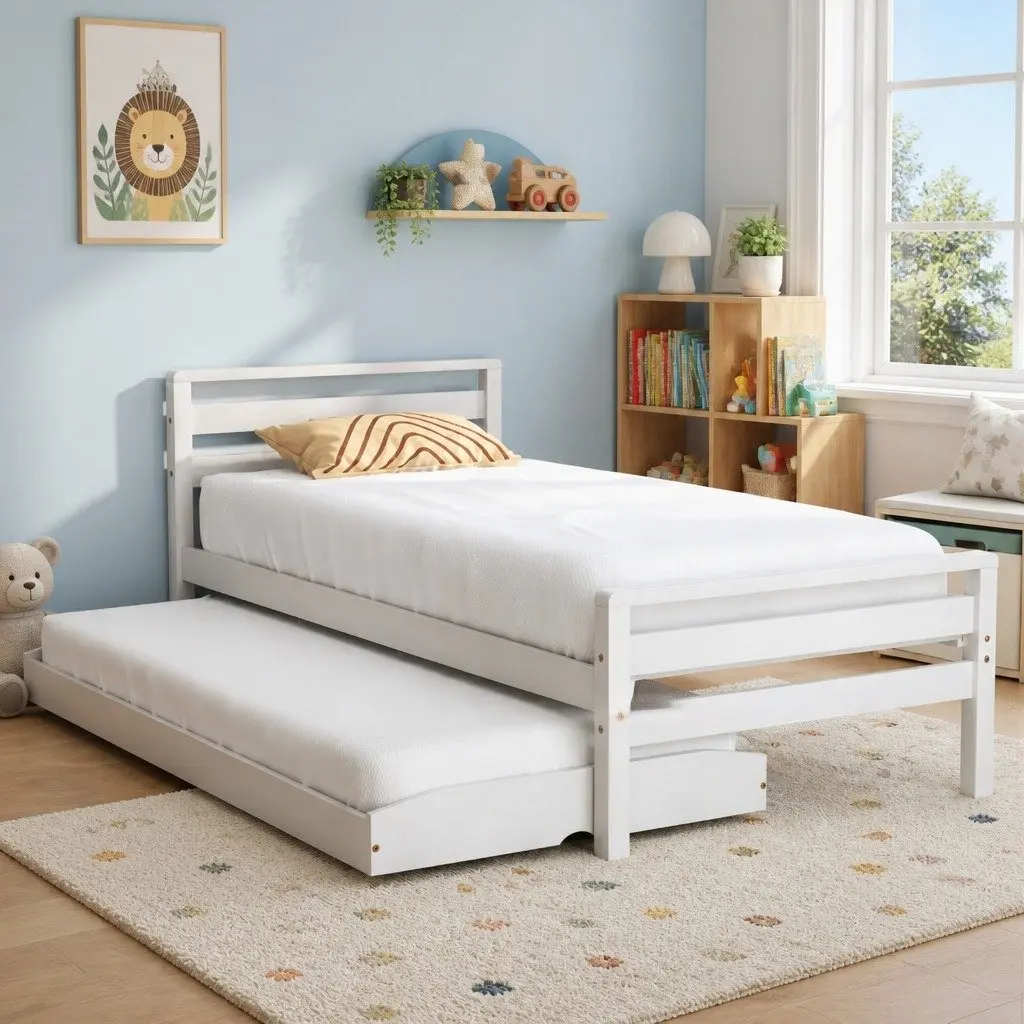 Single Bed Frame 2-in-1 Trundle White Wooden Pinewood Slatted Bedroom