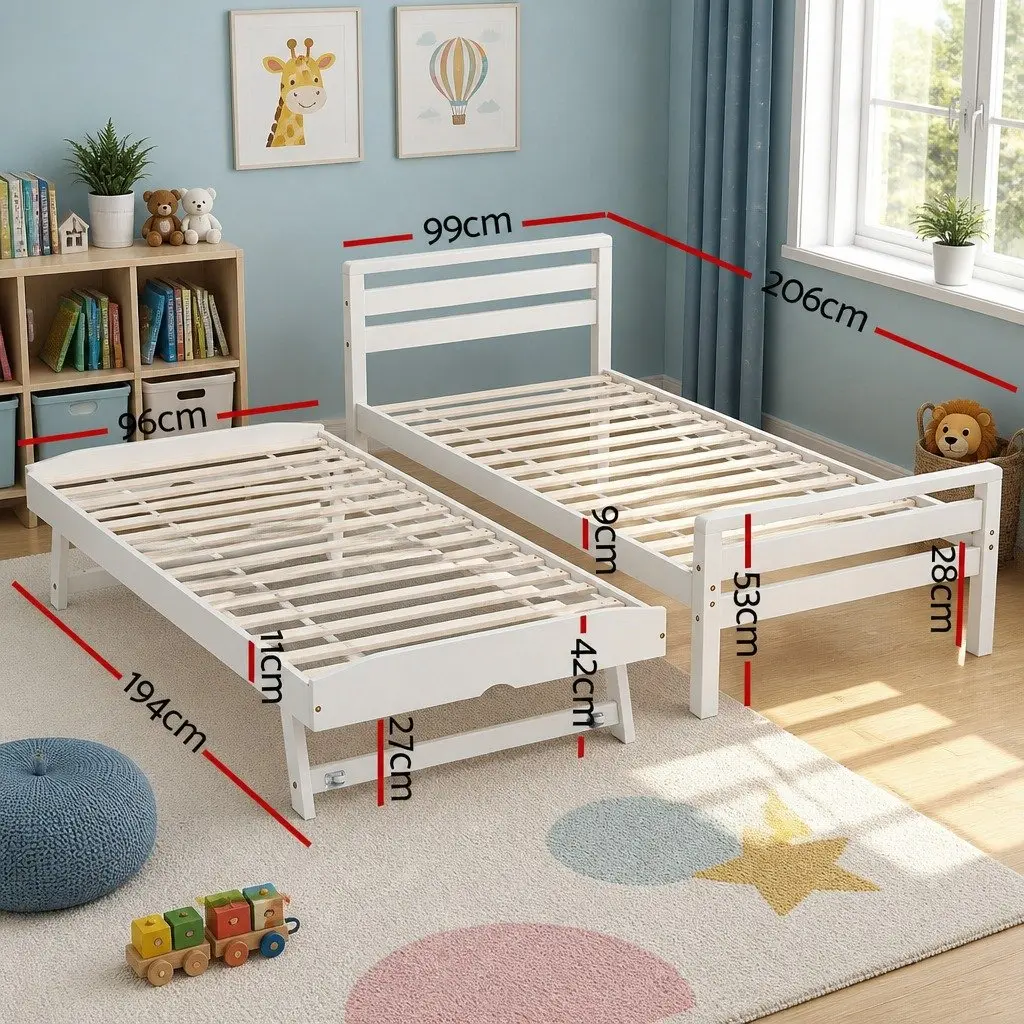 Single Bed Frame 2-in-1 Trundle White Wooden Pinewood Slatted Bedroom