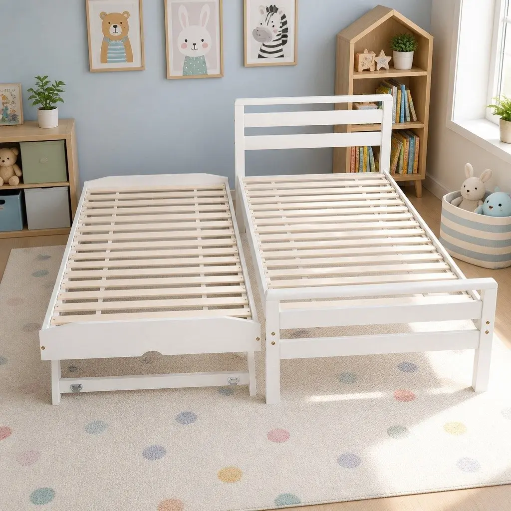 Single Bed Frame 2-in-1 Trundle White Wooden Pinewood Slatted Bedroom